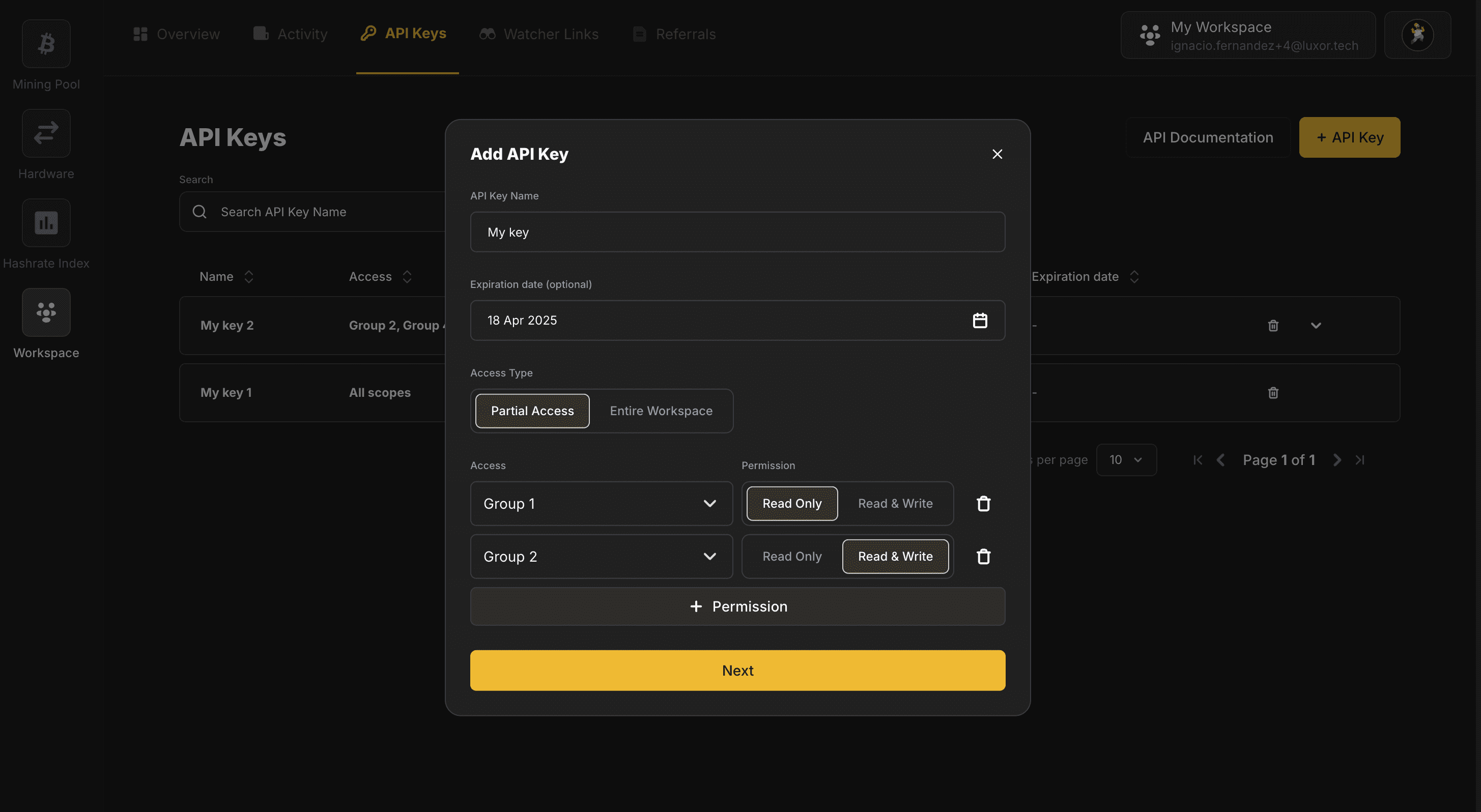 Api keys modal