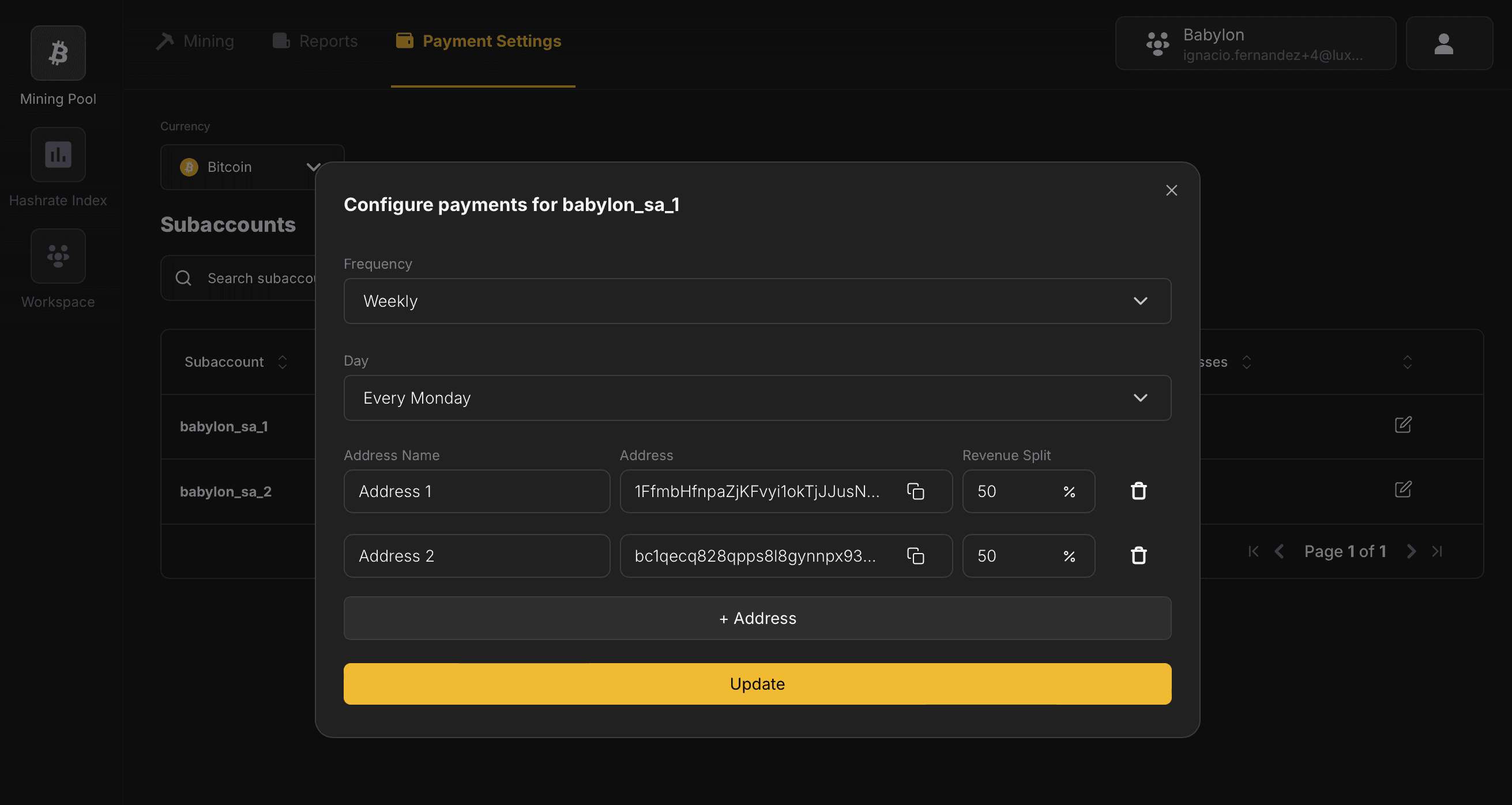 Payment settings modal